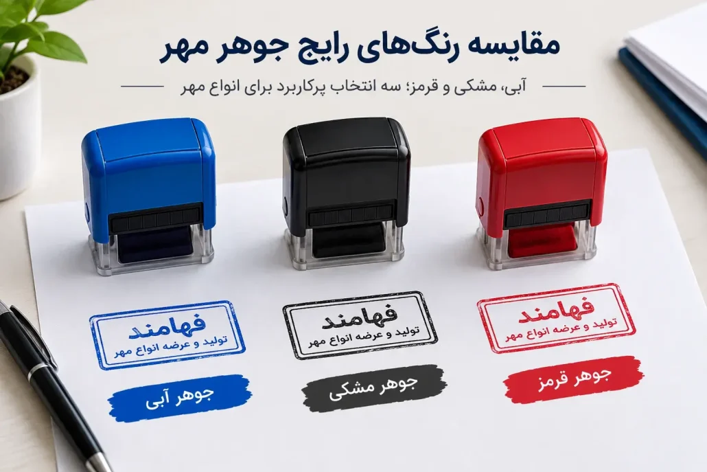 مقایسه رنگ جوهر مهر آبی مشکی و قرمز